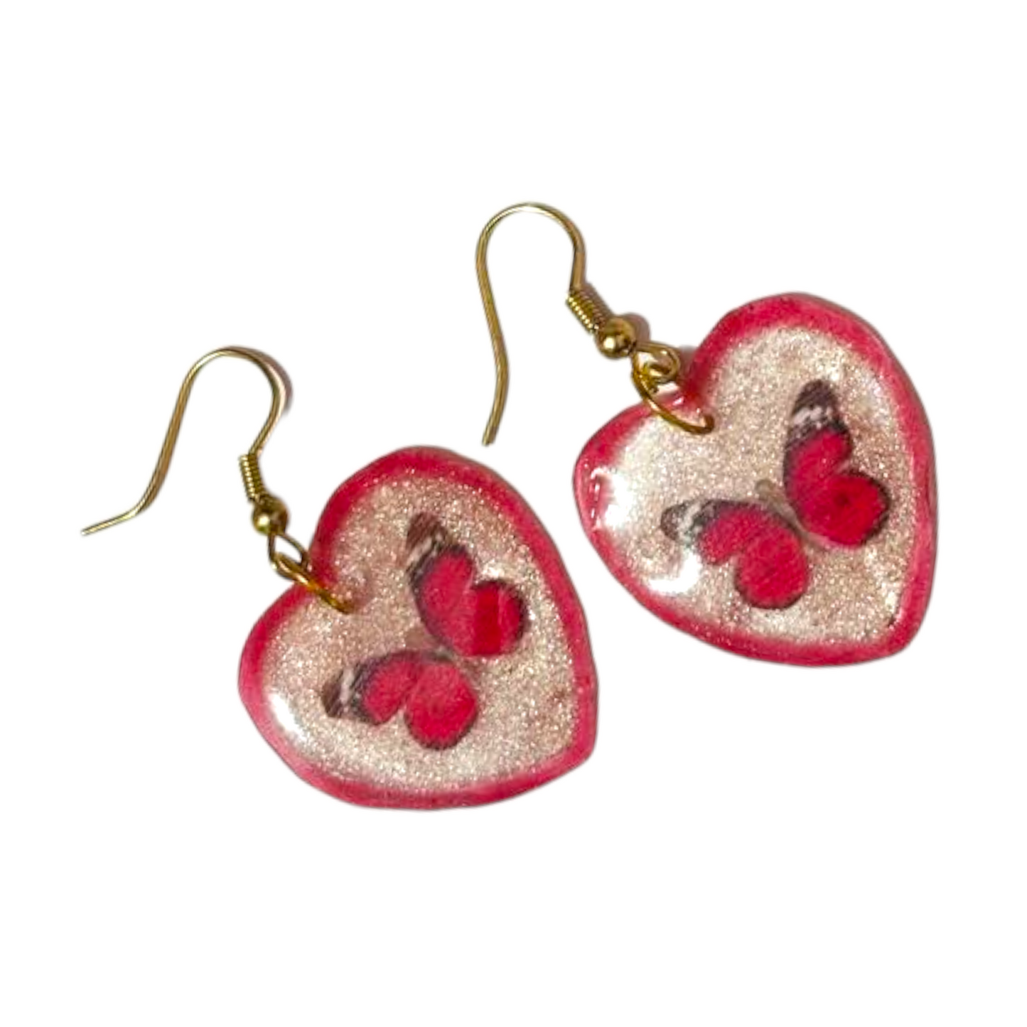 Crimson Flutter: Shimmering Butterfly UV Resin Heart Earrings