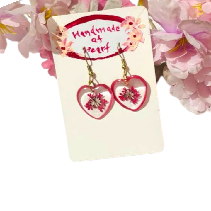 Pink Starburst: Real Flower UV Resin Heart Earrings