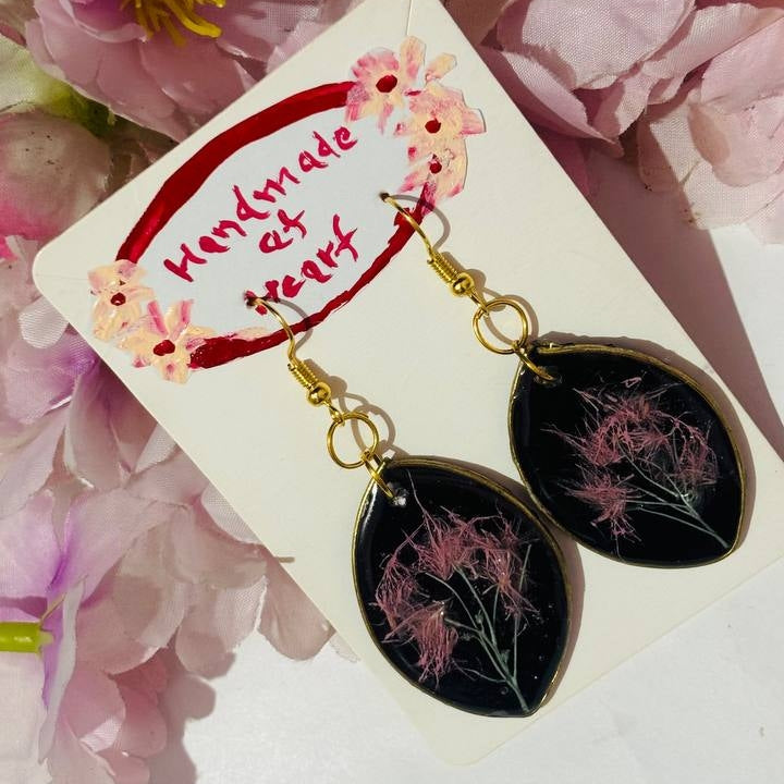 Midnight Astilbe: Leaf-Shaped Black UV Resin Botanical Earrings