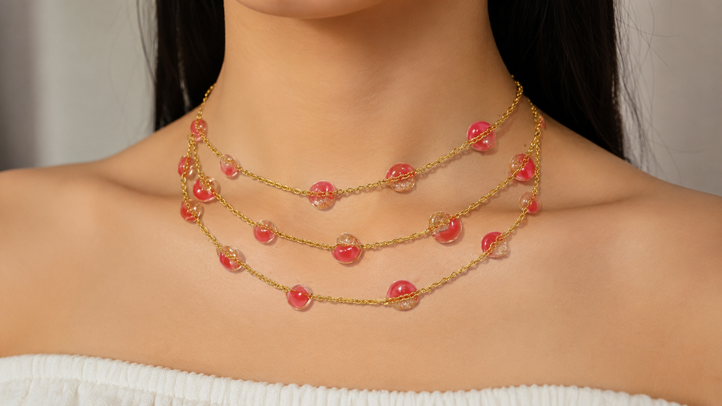 Handmade 3-Tier Layered Gold Chain Necklace with Real Floral Resin Beads