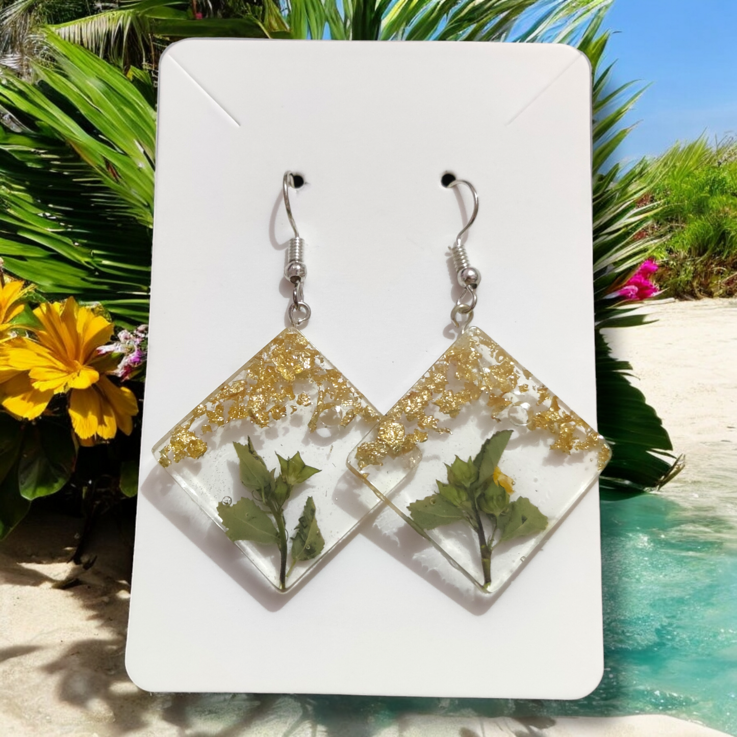 Handcrafted Gold Flake & Botanical UV Resin Earrings