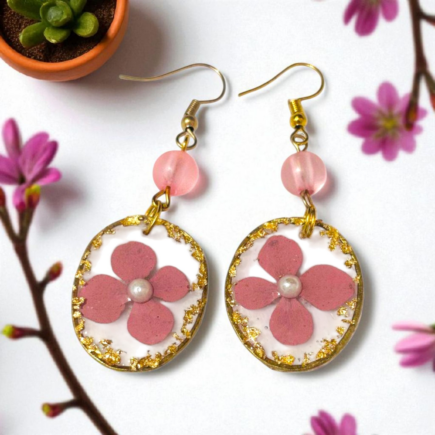 Gilded Primrose: Oval UV Resin Pressed Flower Earrings