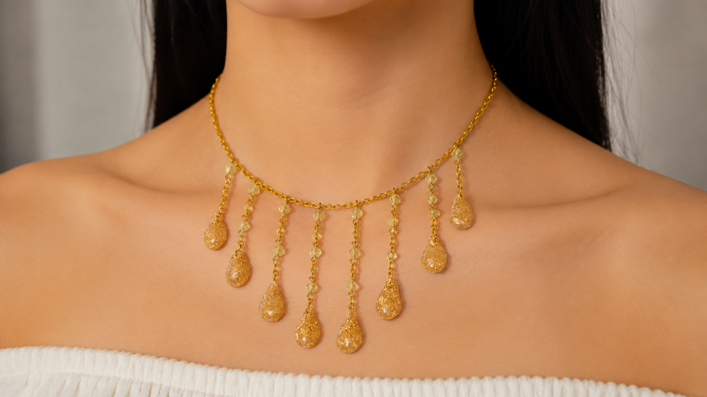 Handmade Gold-Tone Fringe Statement Necklace with Gold foil Resin Teardrops