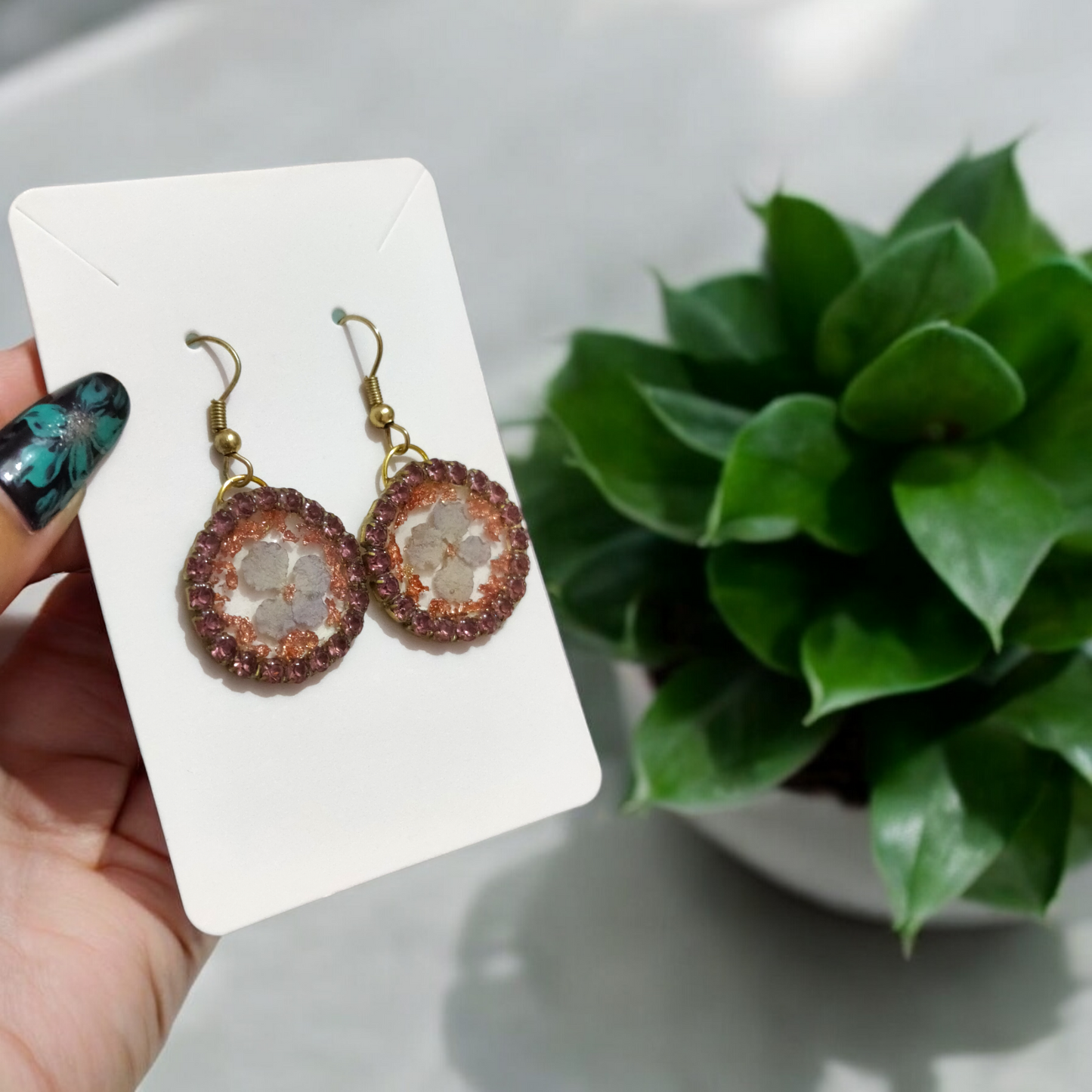 Antique Hydrangea: Circular UV Resin Cameo Earrings