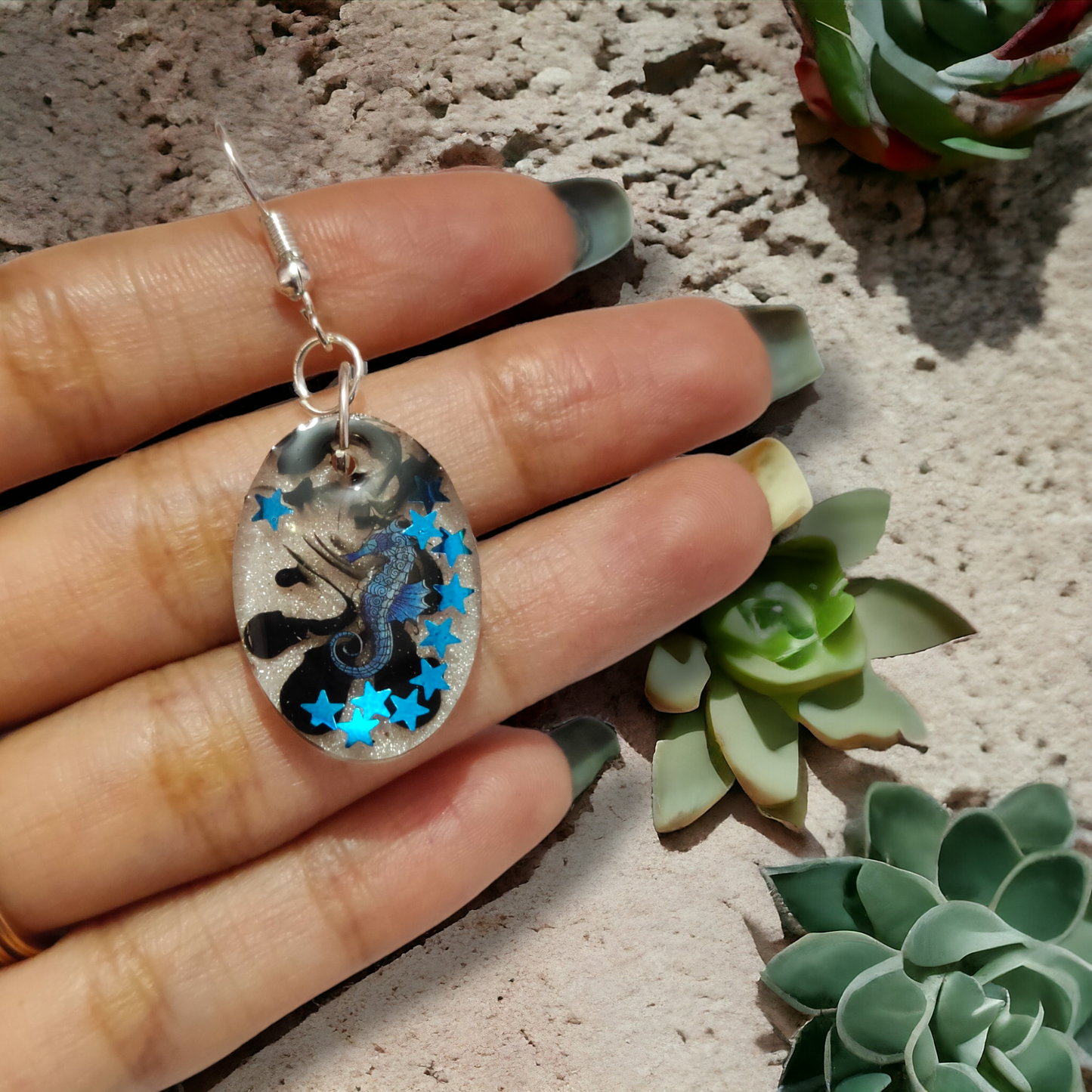 Midnight Seahorse: Starry Ocean UV Resin Earrings