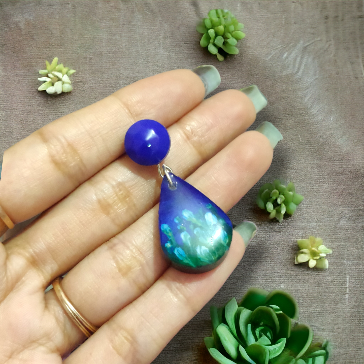The Enchanted Sea: Deep Blue Botanical Resin Earrings