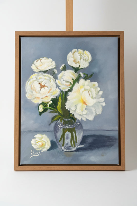Original painting ,Serene Purity: White Peonies,Oil on Canvas 9x12 in (framed)