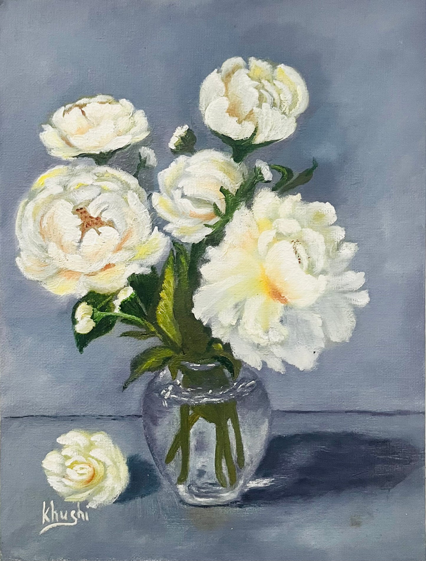 Original painting ,Serene Purity: White Peonies,Oil on Canvas 9x12 in (framed)