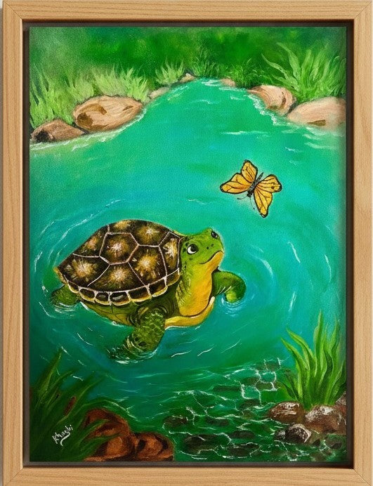 Original Painting , Turtle and Butterfly in Turquoise Pond,Oil on Canvas 24x18in(Un-Framed)