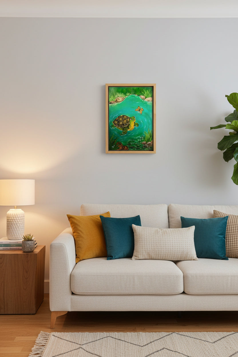 Original Painting , Turtle and Butterfly in Turquoise Pond,Oil on Canvas 24x18in(Un-Framed)