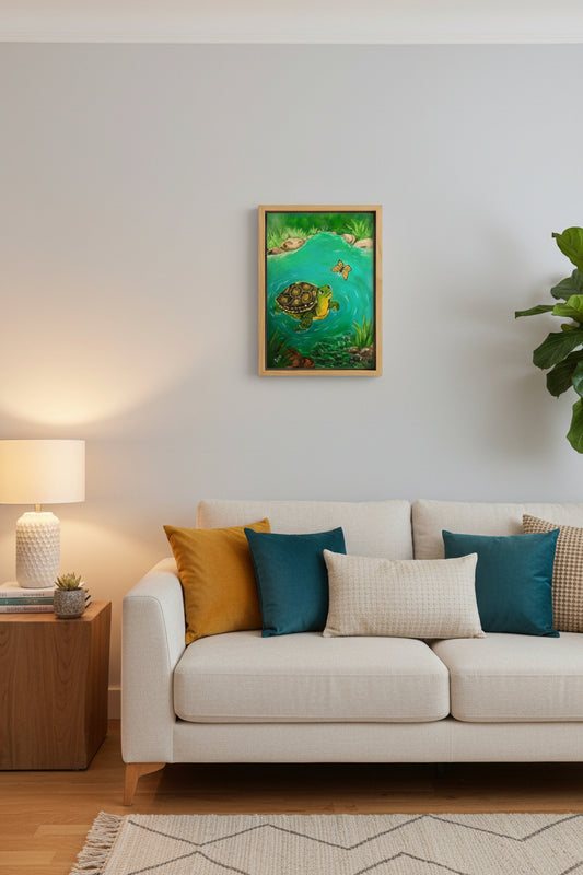 Original Painting , Turtle and Butterfly in Turquoise Pond,Oil on Canvas 24x18in(Un-Framed)