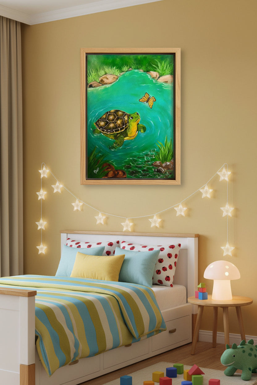 Original Painting , Turtle and Butterfly in Turquoise Pond,Oil on Canvas 24x18in(Un-Framed)