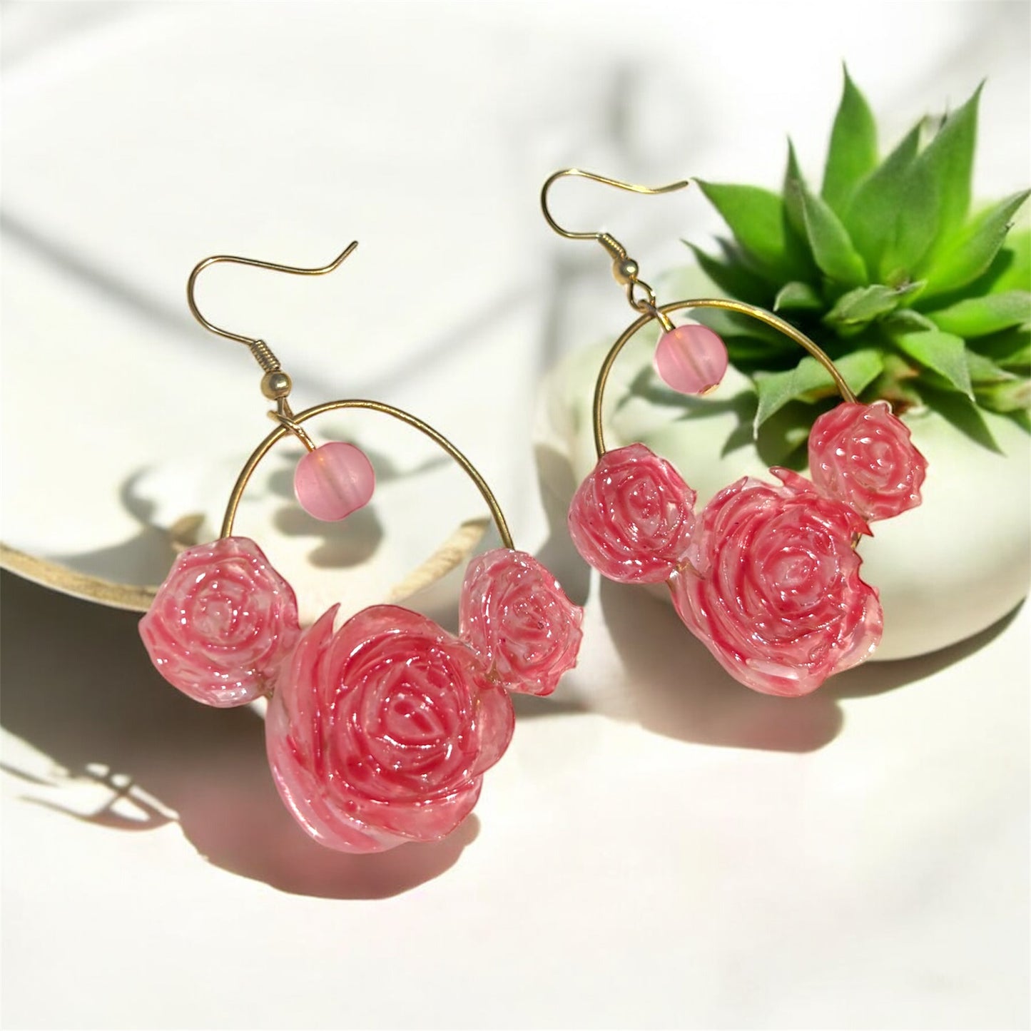 Handmade  Pink Rose Cluster Clay Drop UV resin Earrings
