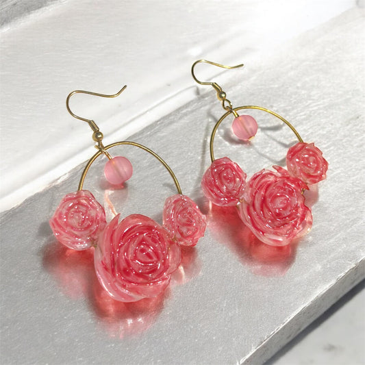 Handmade  Pink Rose Cluster Clay Drop UV resin Earrings