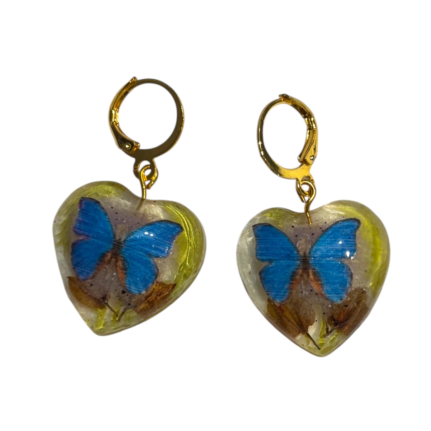 Handmade Blue Butterfly & Botanical UV Resin Heart Drop Earrings