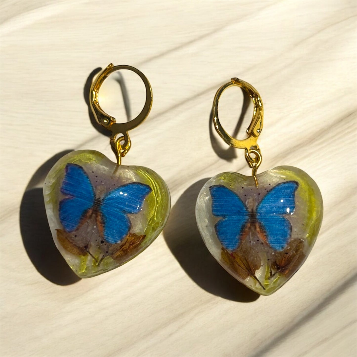 Handmade Blue Butterfly & Botanical UV Resin Heart Drop Earrings