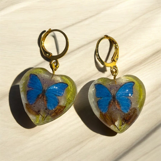 Handmade Blue Butterfly & Botanical UV Resin Heart Drop Earrings