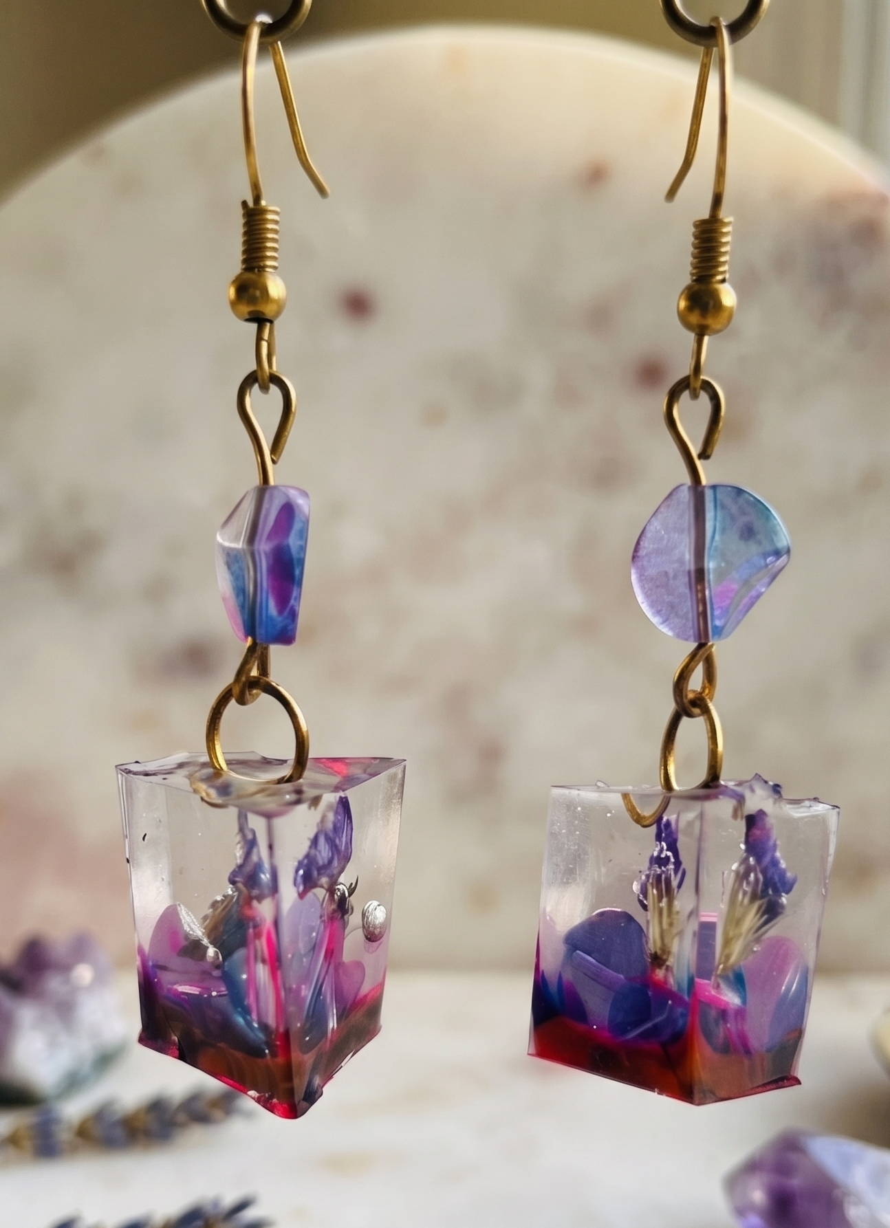 Handcrafted Amethyst-Inspired Cube Resin Dangle Earrings