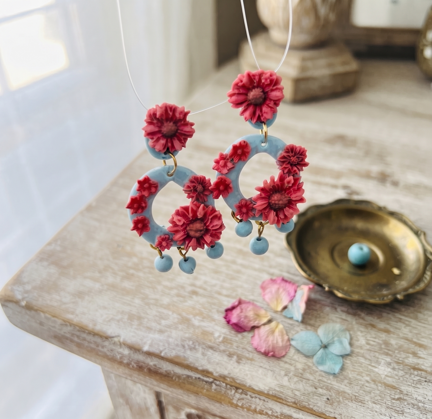 Handcrafted Sky Blue & Crimson Floral Hoop Resin Earrings