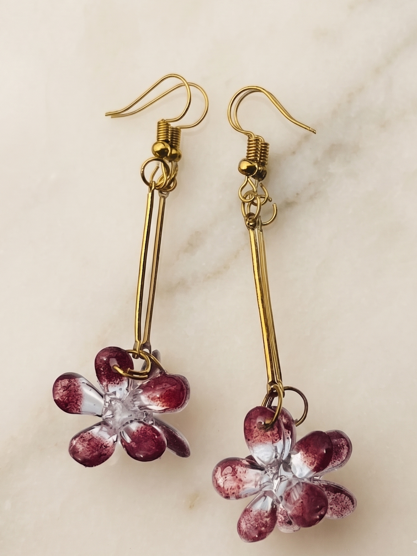 Handmade Real Maroon Flower Petal UV Resin Gold Dangle Earrings | Botanical Jewelry