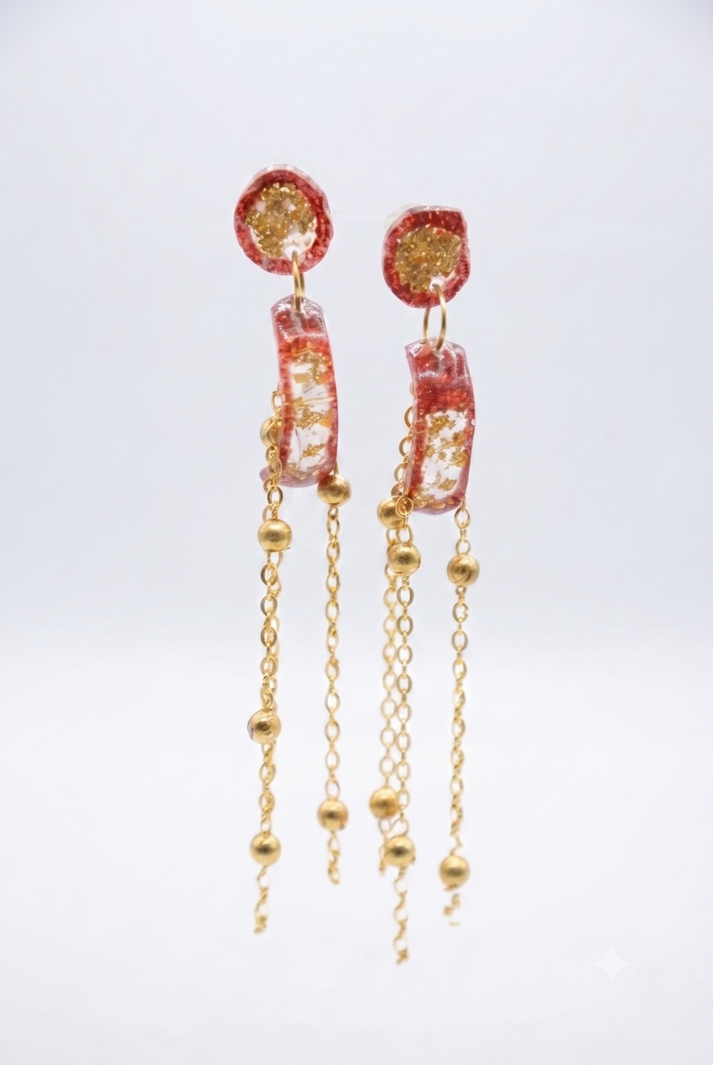 Handmade Red & Gold Glitter UV Resin Multi-Chain Dangle Earrings | Statement Tassel Jewelry