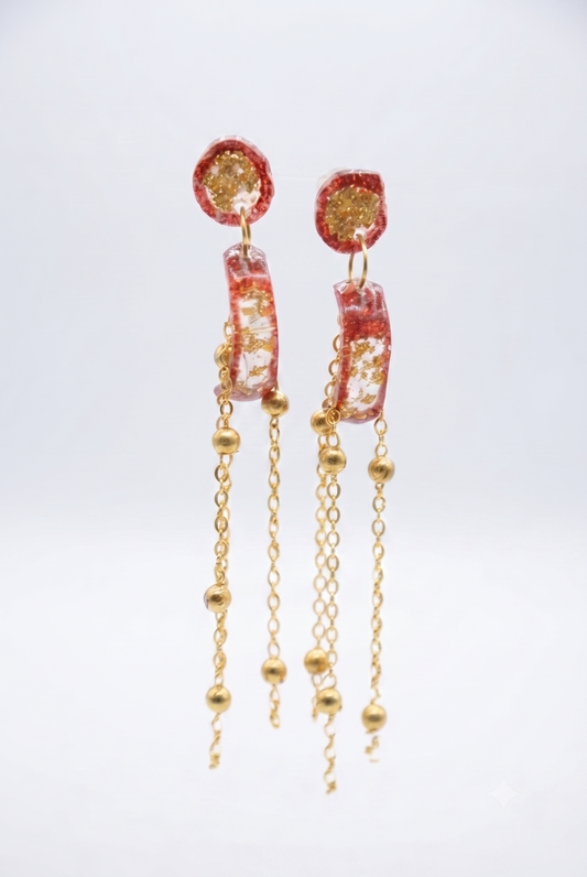 Handmade Red & Gold Glitter UV Resin Multi-Chain Dangle Earrings | Statement Tassel Jewelry