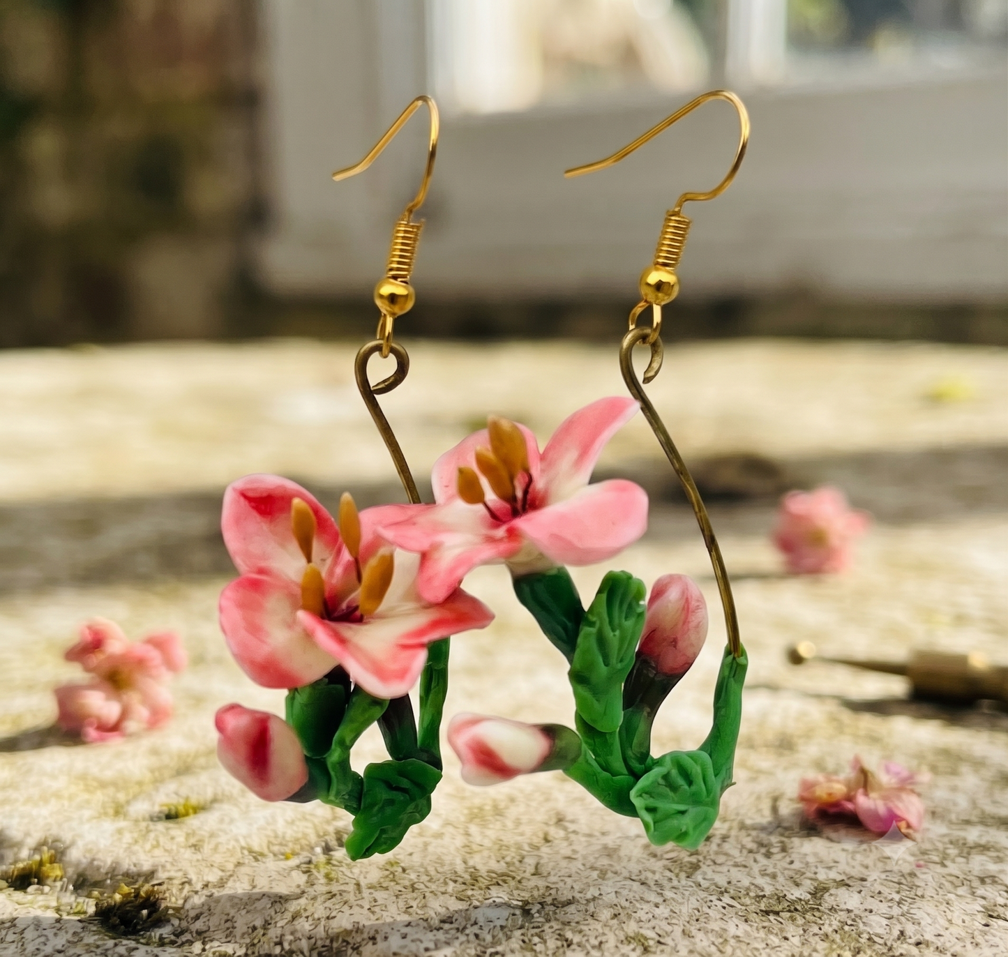 Handcrafted Pink Lily Botanical Dangle Earrings