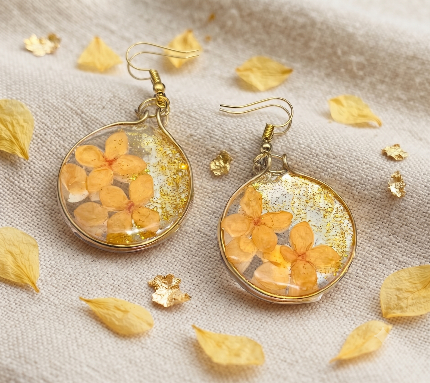 Handmade Real Yellow Flower UV Resin Dangle Earrings | Preserved Botanical Jewelry | Gold Glitter