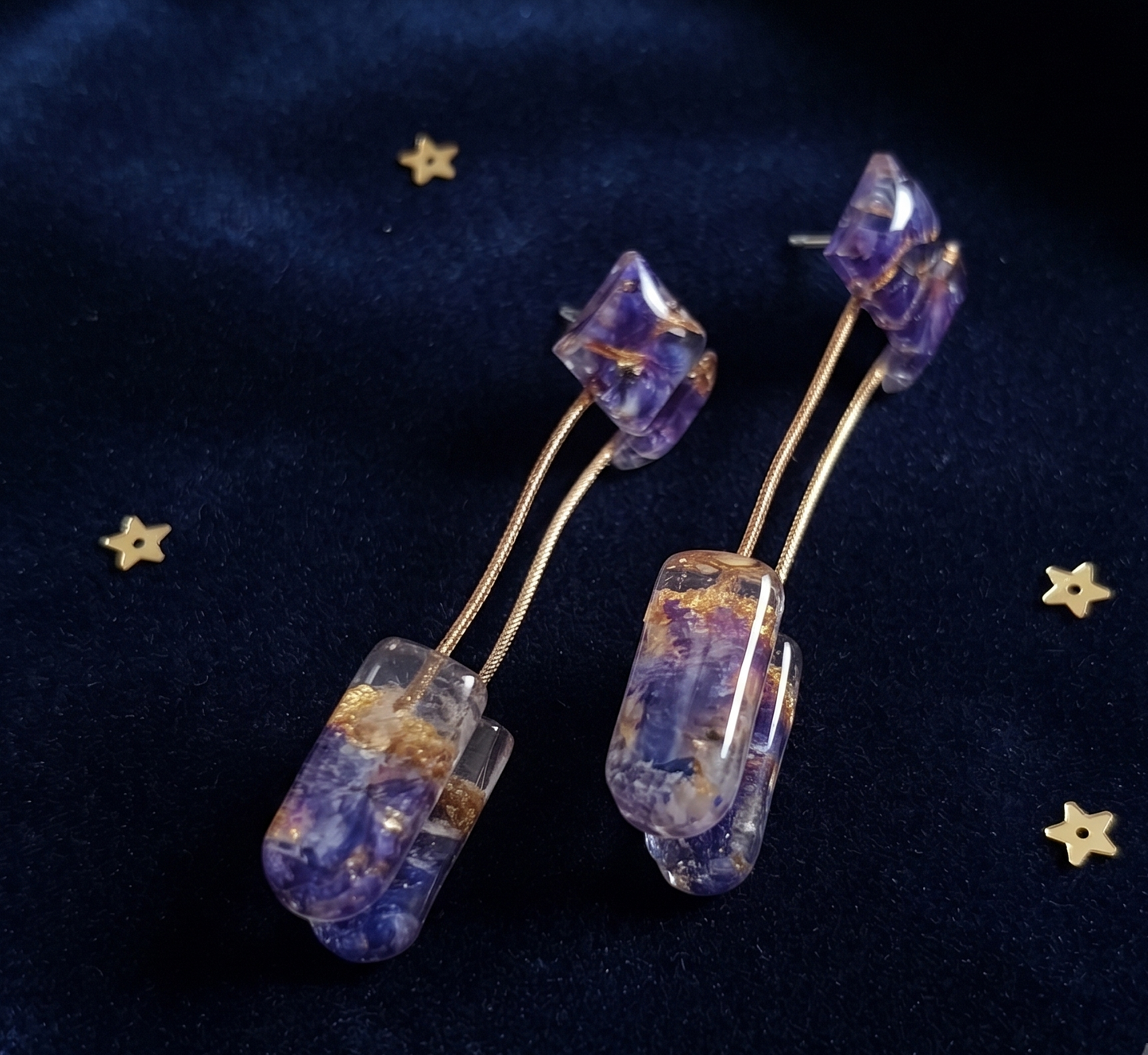 Handmade Real Purple Flower Petal & Gold Flake UV Resin Dangle Earrings | Celestial Botanical Jewelry