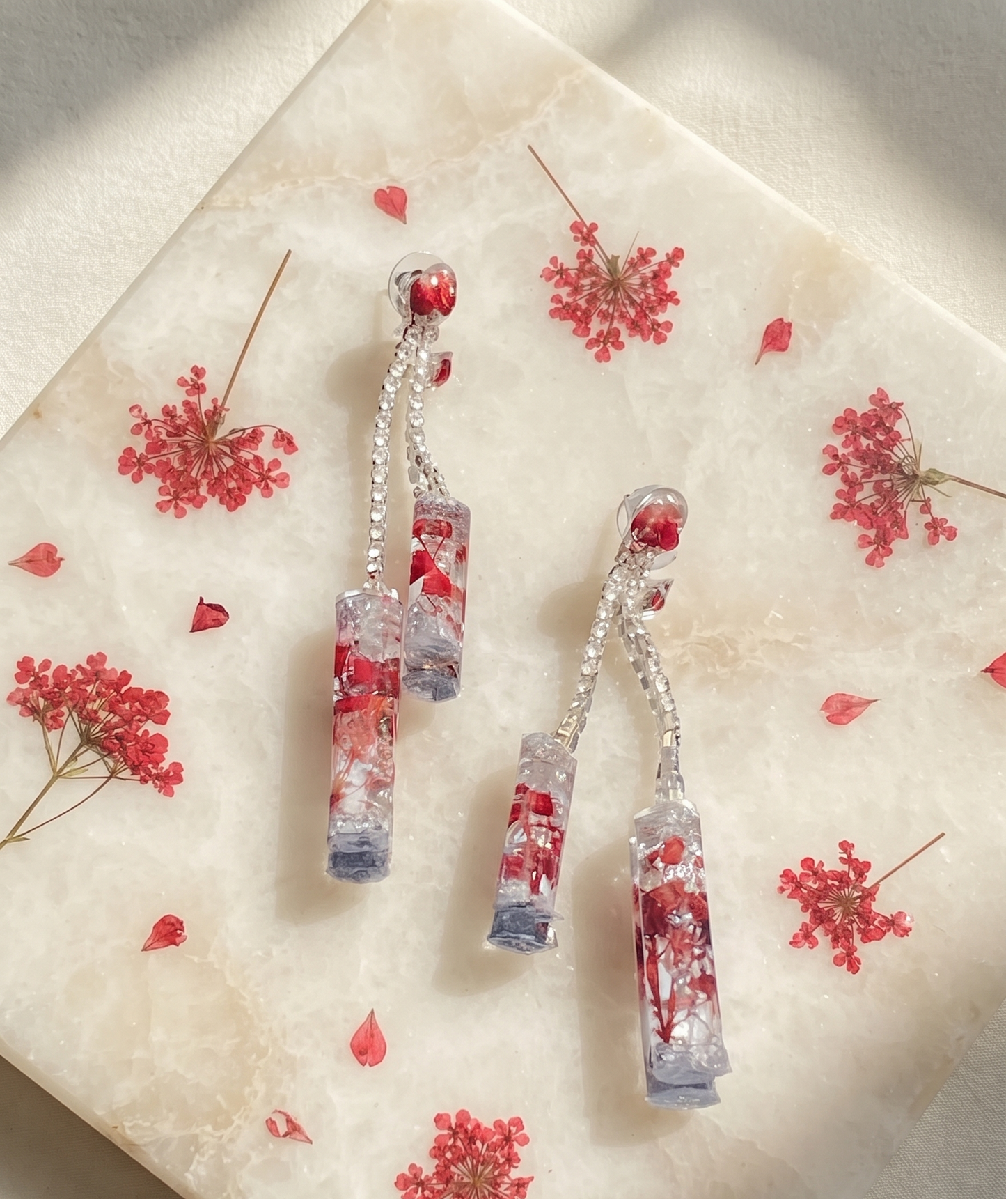 Handmade Real Red Flower UV Resin Dangle Earrings | Preserved Botanical Jewelry | Botanical Sparkle Collection
