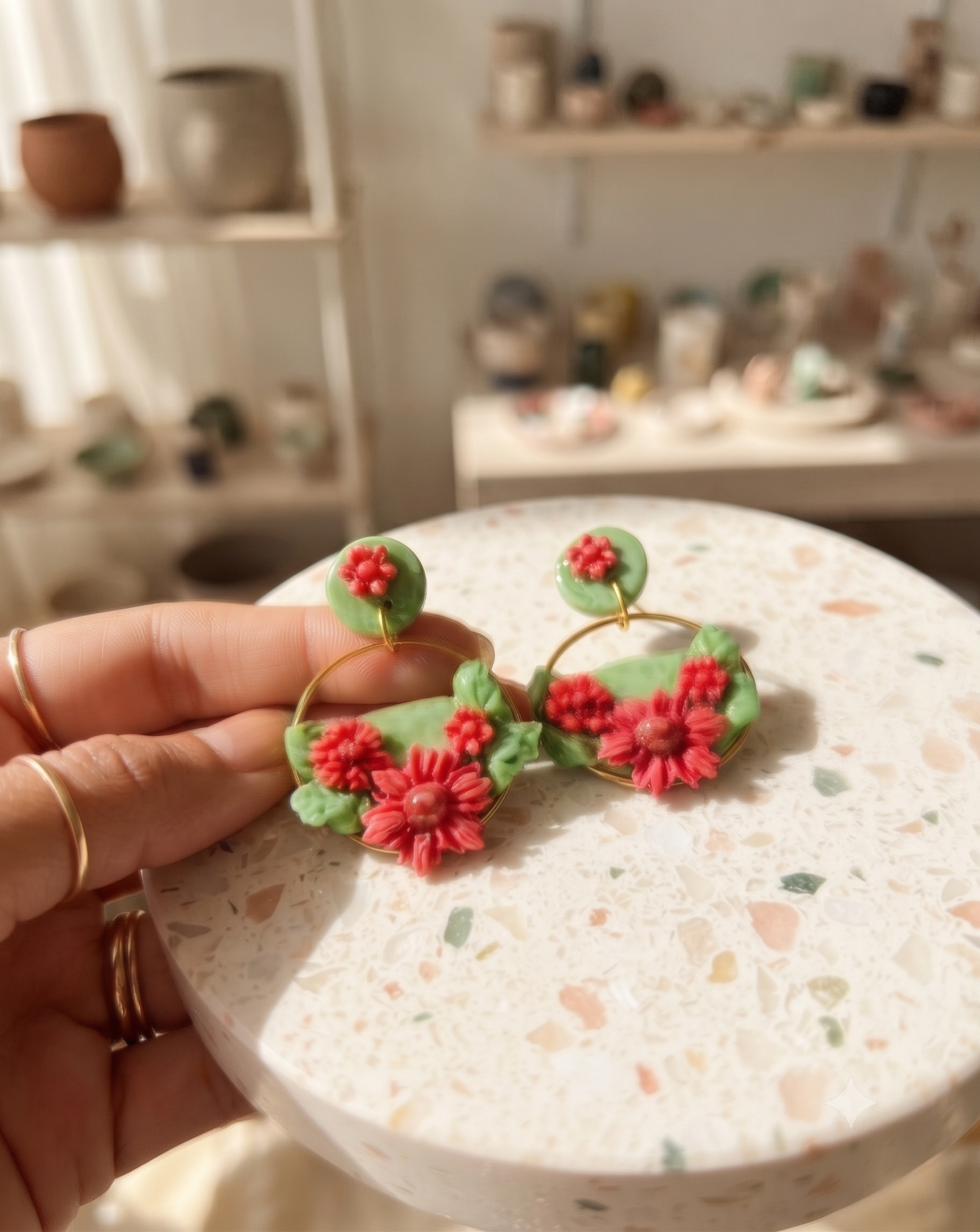 Handcrafted Floral Garden Resin Hoop Earrings|Red Flower & Green Leaf Resin Dangle Earrings
