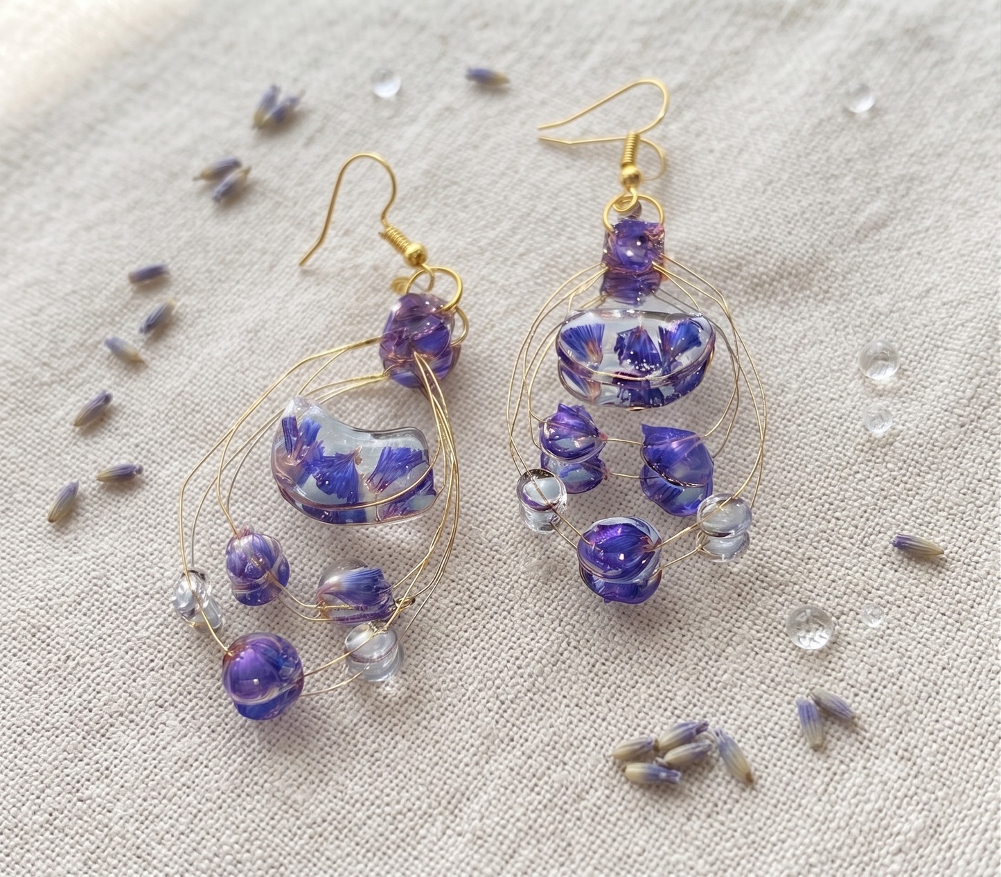 Handmade Real Purple Flower Petal Gold Wire Cage Dangle Earrings | Botanical Resin Jewelry
