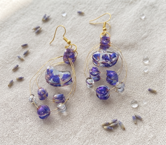 Handmade Real Purple Flower Petal Gold Wire Cage Dangle Earrings | Botanical Resin Jewelry