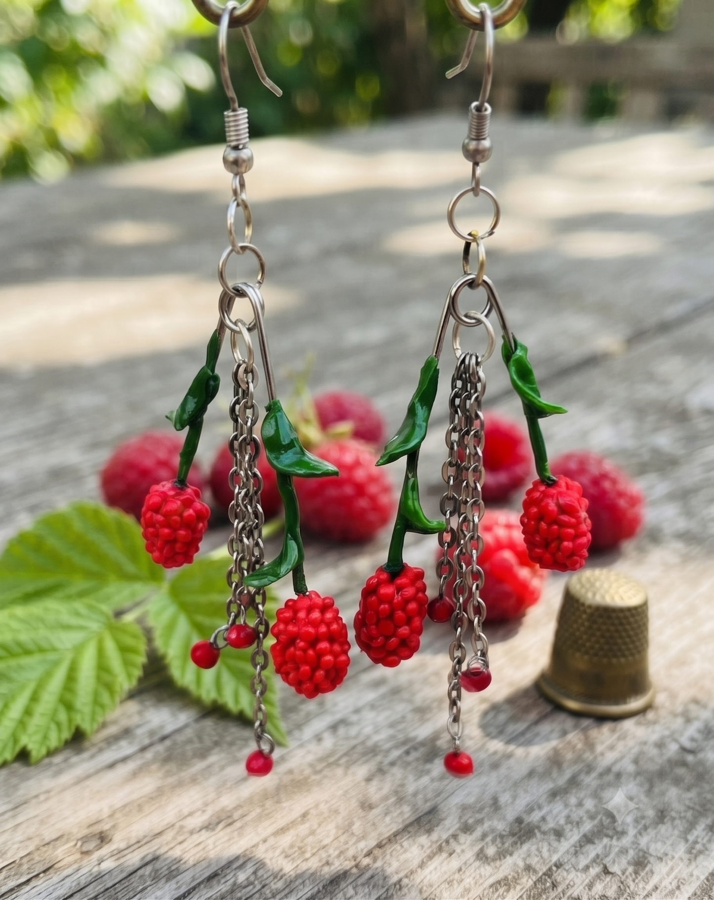 Handcrafted Raspberry Charm & Chain Dangle Earrings