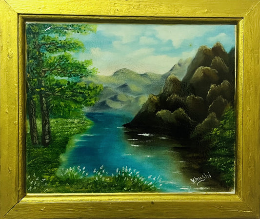 Original Paintings , Emerald Valley River|Oil on Canvas with Resin Coated 14x12in(framed)