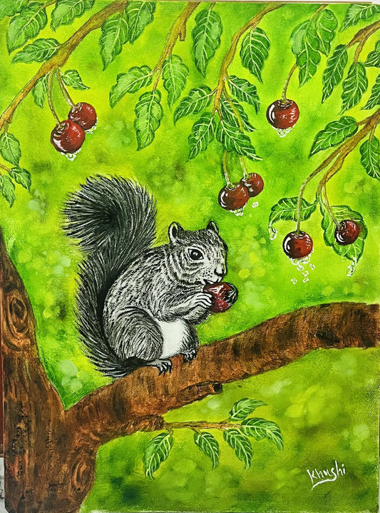 Original Paintings ,The Cherry Thief , Oil on Stretched Canvas 16x12 in
