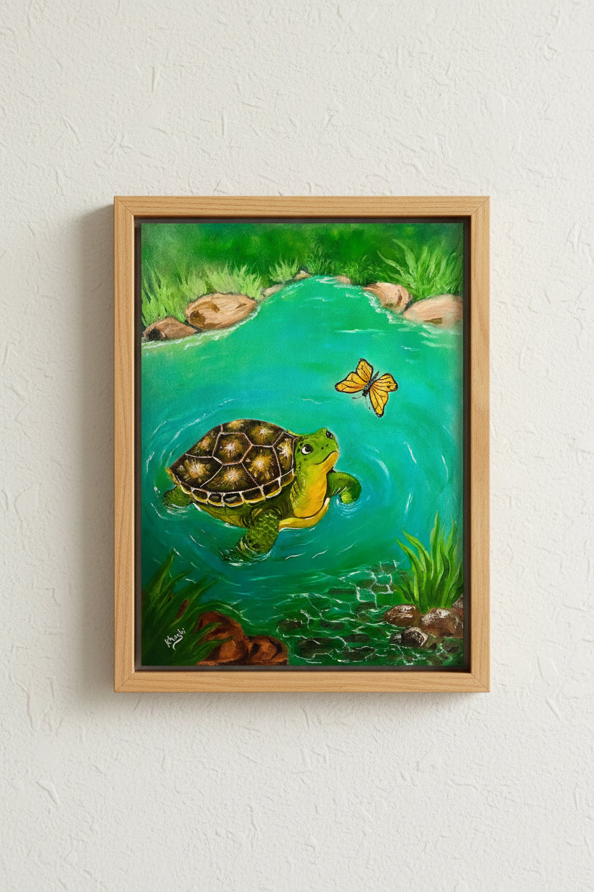 Original Painting , Turtle and Butterfly in Turquoise Pond,Oil on Canvas 24x18in(Un-Framed)