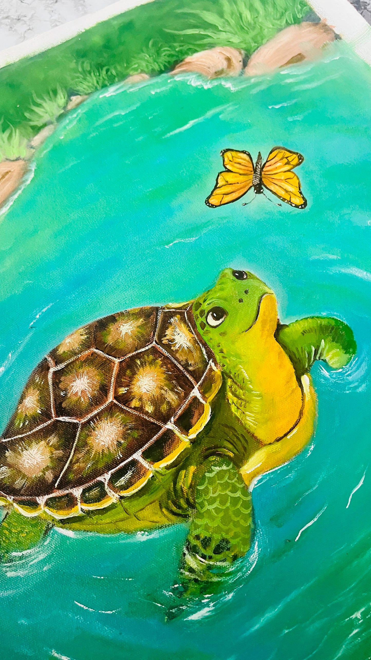 Original Painting , Turtle and Butterfly in Turquoise Pond,Oil on Canvas 24x18in(Un-Framed)