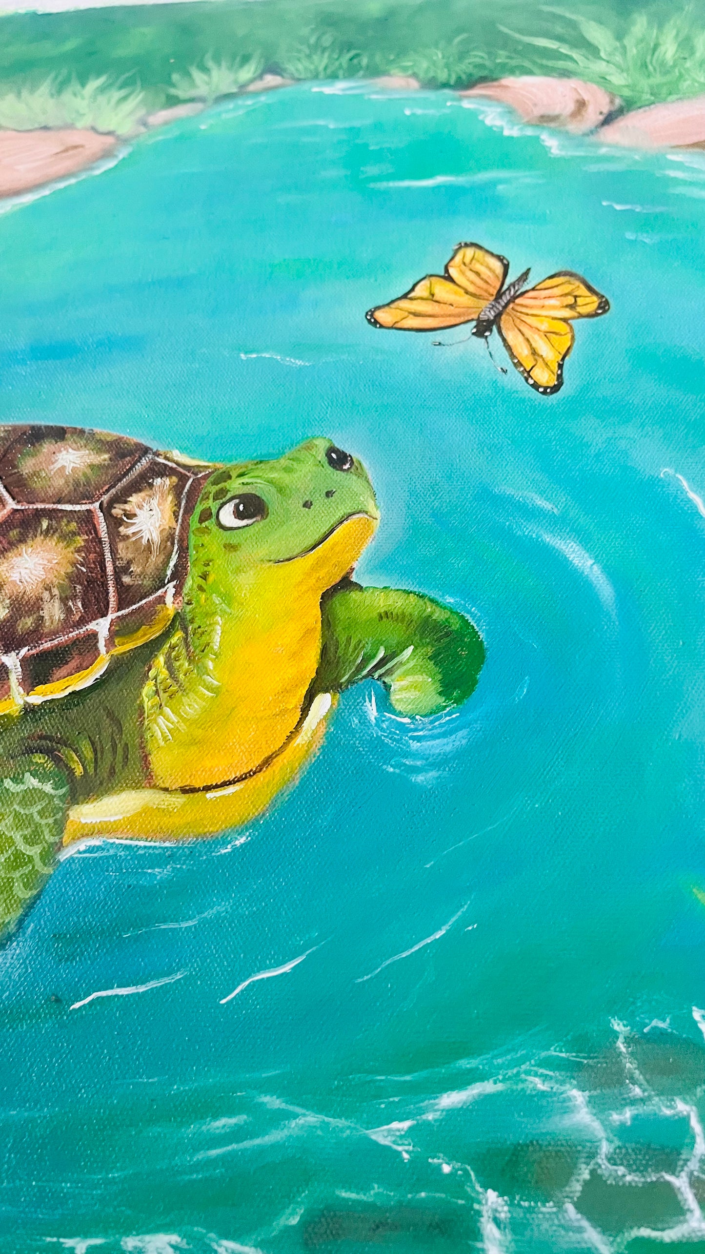 Original Painting , Turtle and Butterfly in Turquoise Pond,Oil on Canvas 24x18in(Un-Framed)