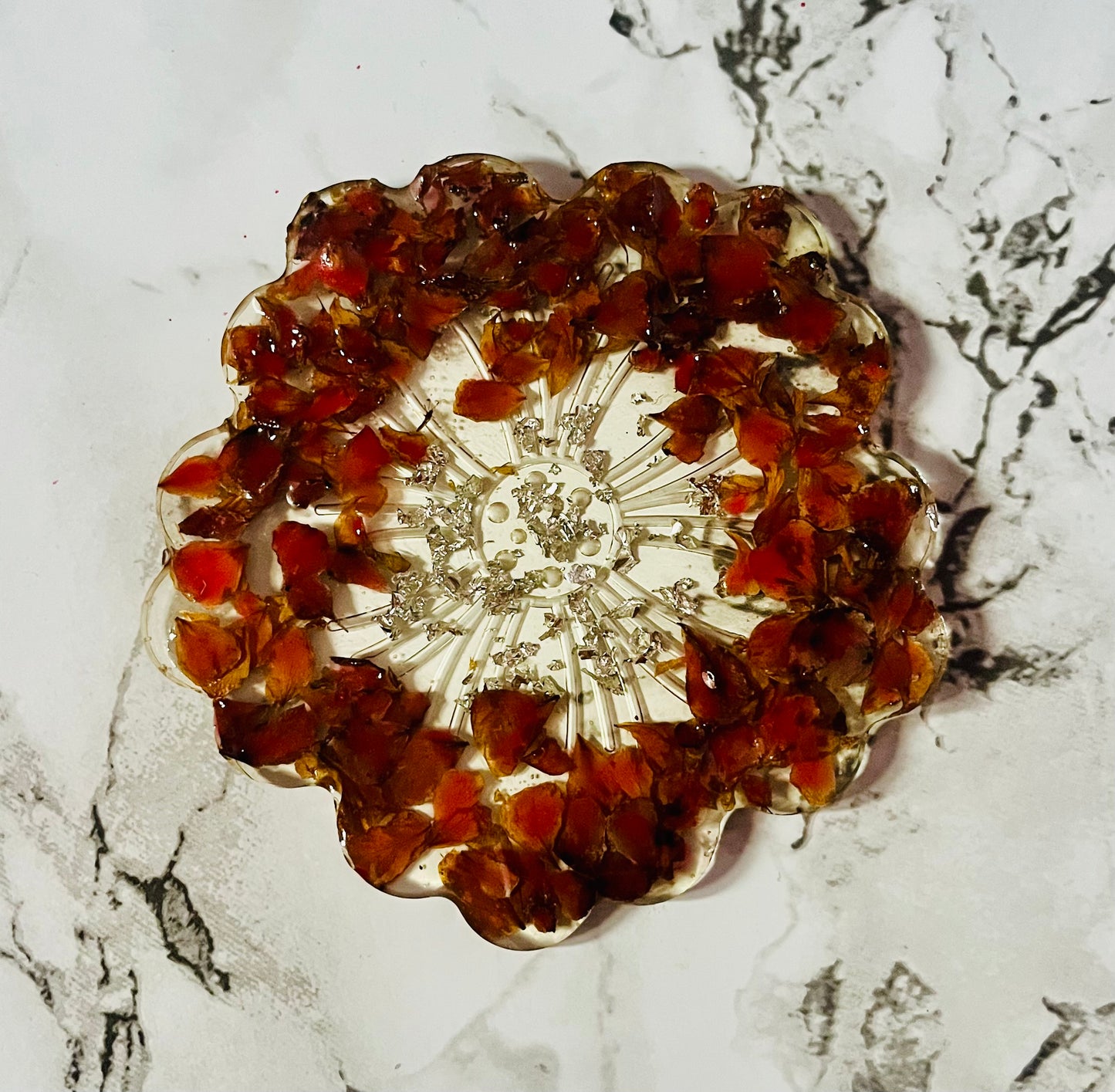 Handmade UV Resin Coaster with Dried Rose Petals and Silver Touch