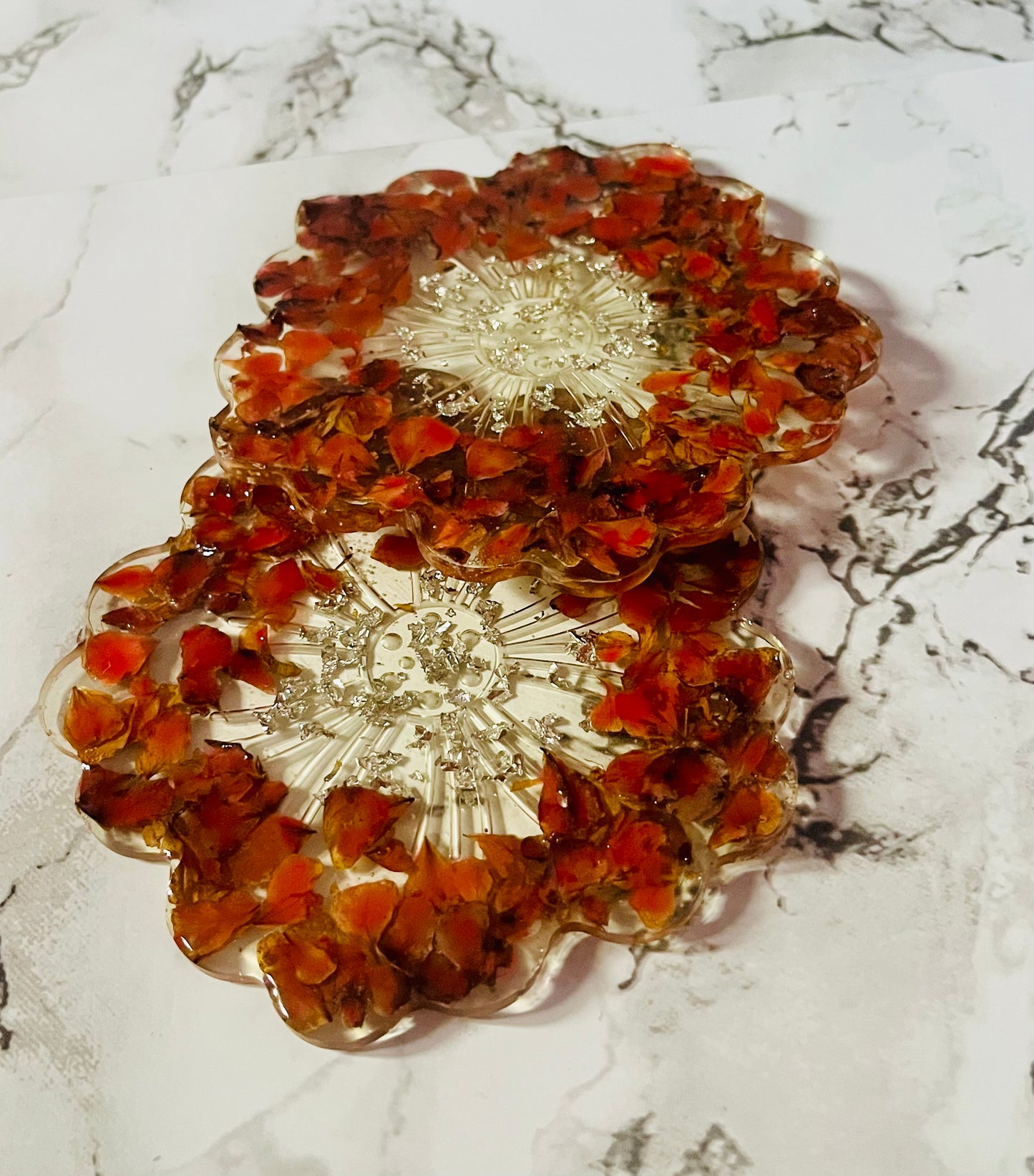 Handmade UV Resin Coaster with Dried Rose Petals and Silver Touch