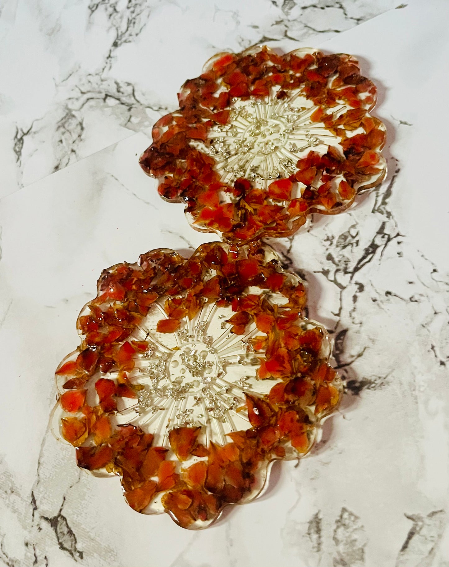 Handmade UV Resin Coaster with Dried Rose Petals and Silver Touch