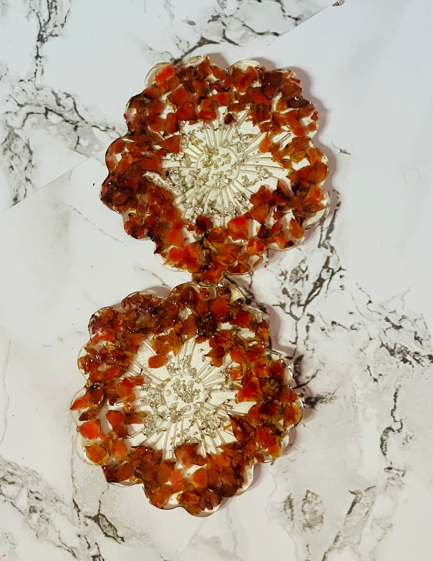 Handmade UV Resin Coaster with Dried Rose Petals and Silver Touch