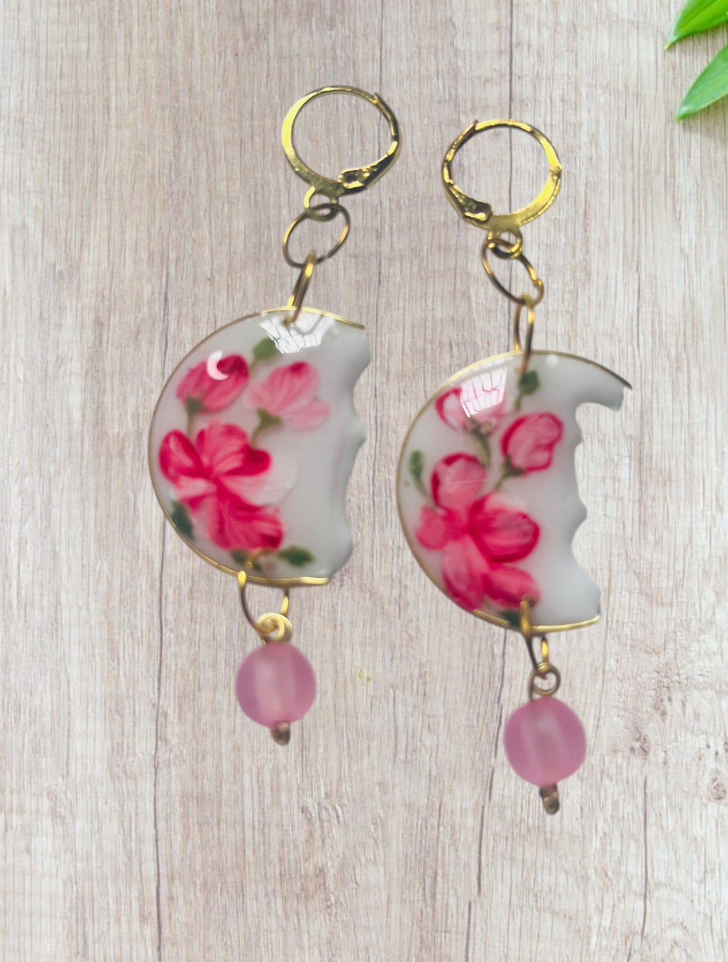 Handmade Floral Crescent Drop Earrings with UV Resin & Pink Beads