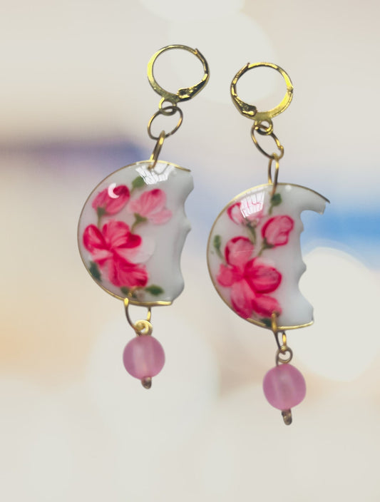 Handmade Floral Crescent Drop Earrings with UV Resin & Pink Beads