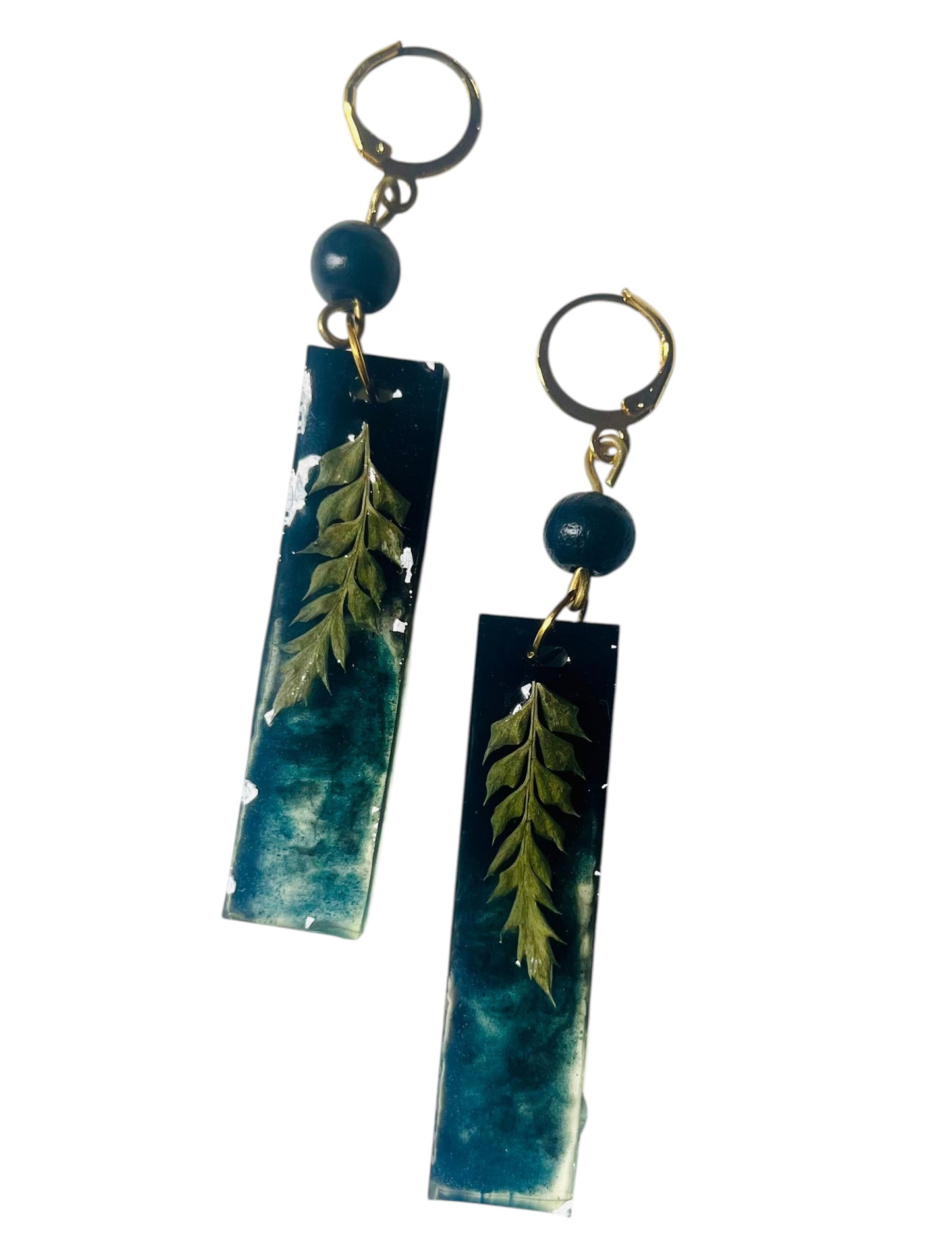 Handmade Pressed Fern & Swirling Teal UV Resin Bar Earrings