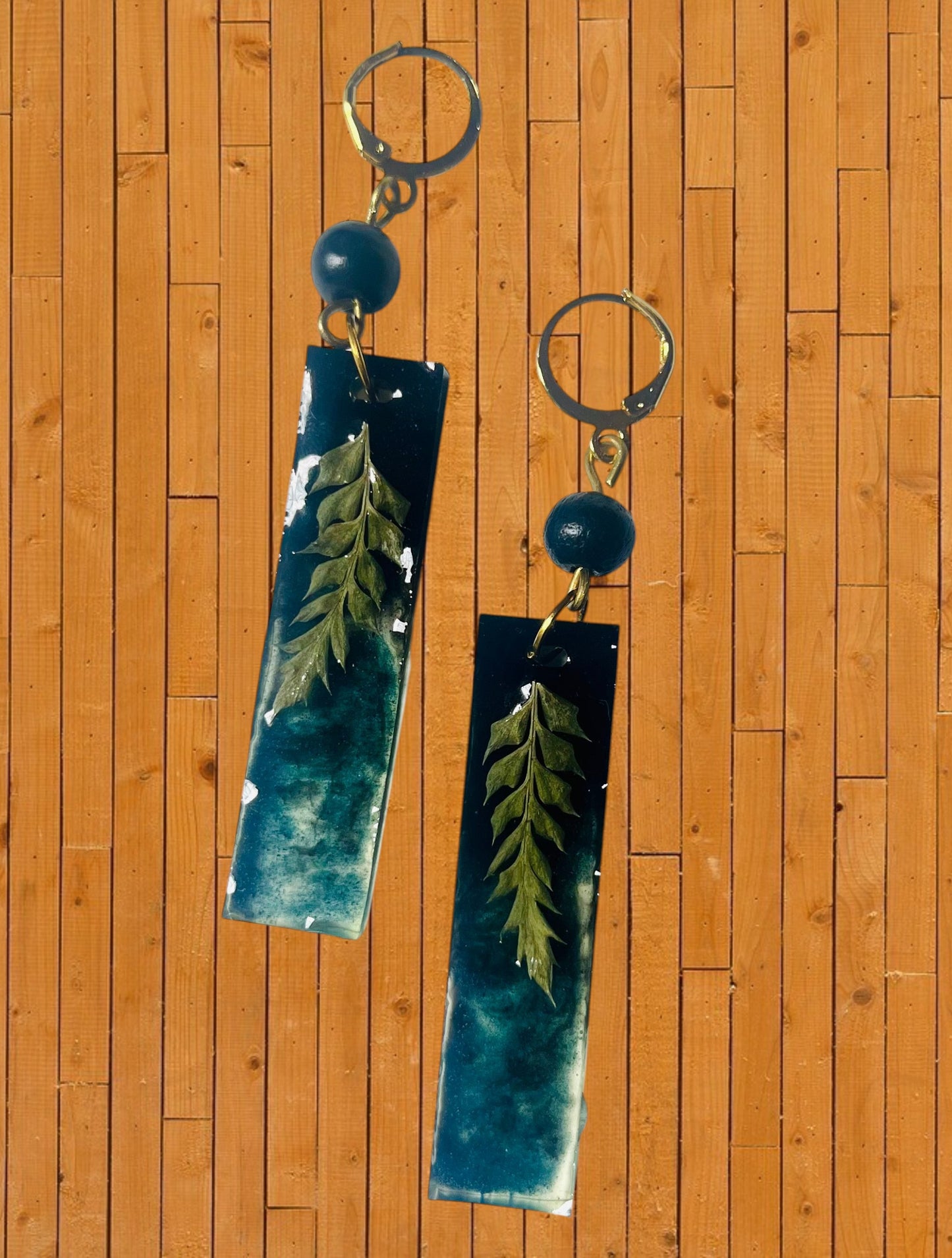 Handmade Pressed Fern & Swirling Teal UV Resin Bar Earrings