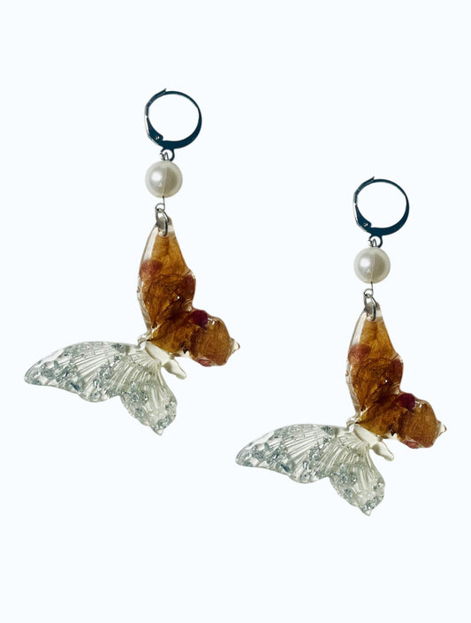 Handmade Dried Petal & Silver Foil Butterfly UV Resin Earrings Dangles