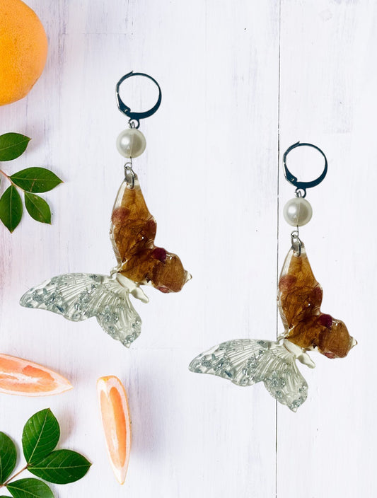 Handmade Dried Petal & Silver Foil Butterfly UV Resin Earrings Dangles