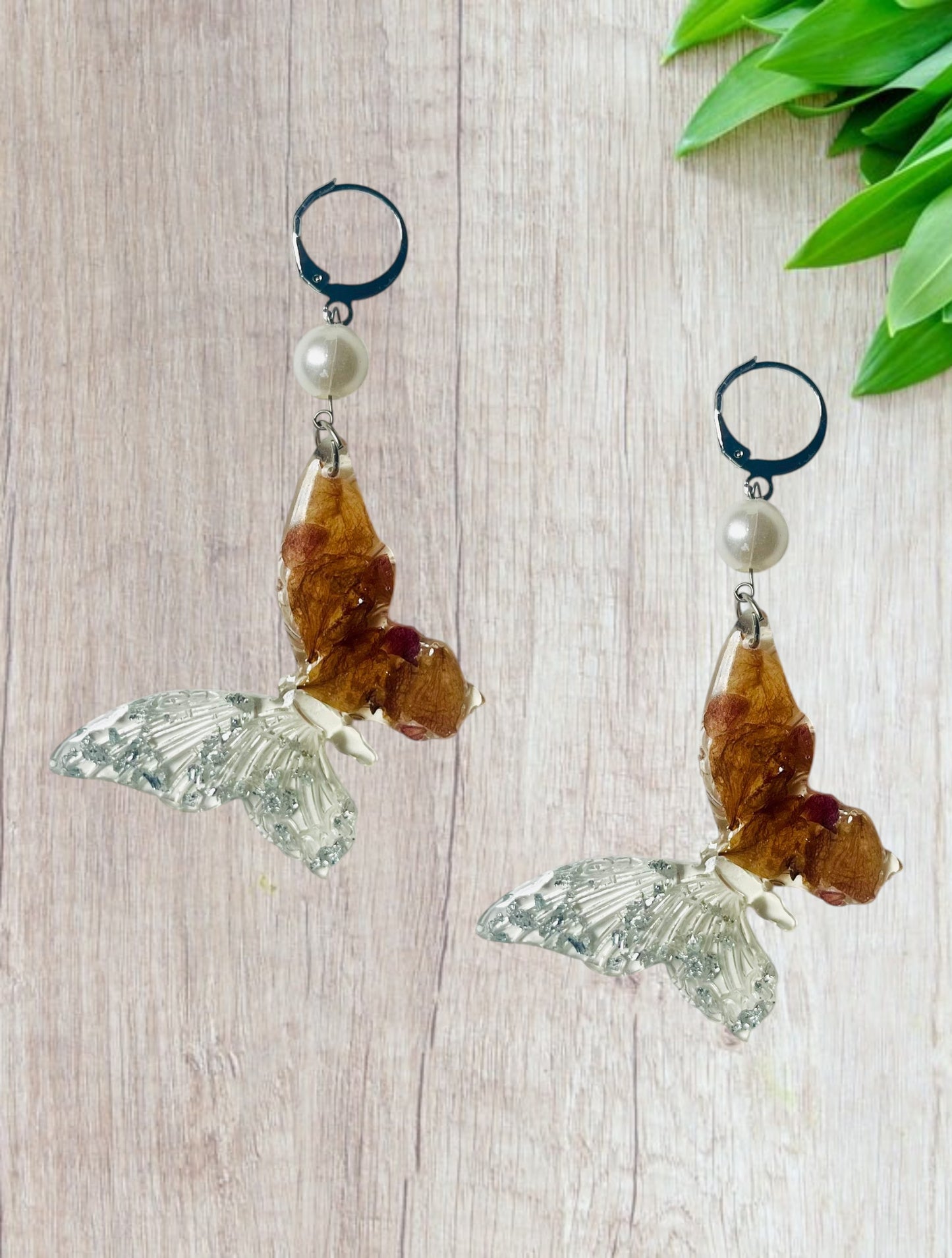 Handmade Dried Petal & Silver Foil Butterfly UV Resin Earrings Dangles